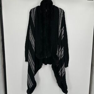 Venus Open Front Cardigan Sweater S Black Gray Stripe Fuzzy Trim Knit